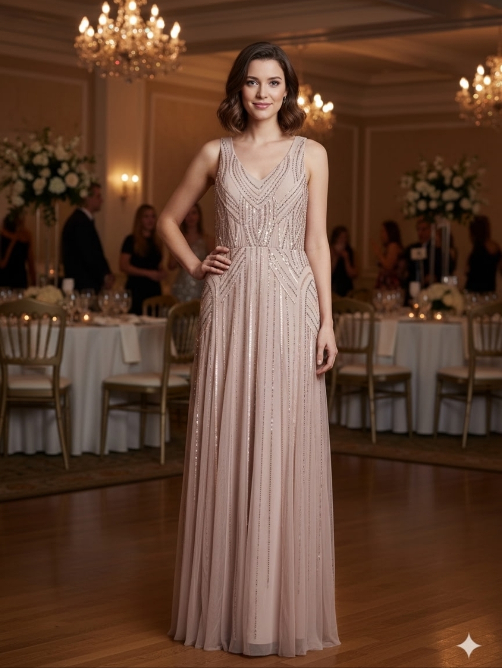 ModCloth Sleeveless V-Neck Sequin Maxi Dress in Blush/Rose Gold. Prom Dress.